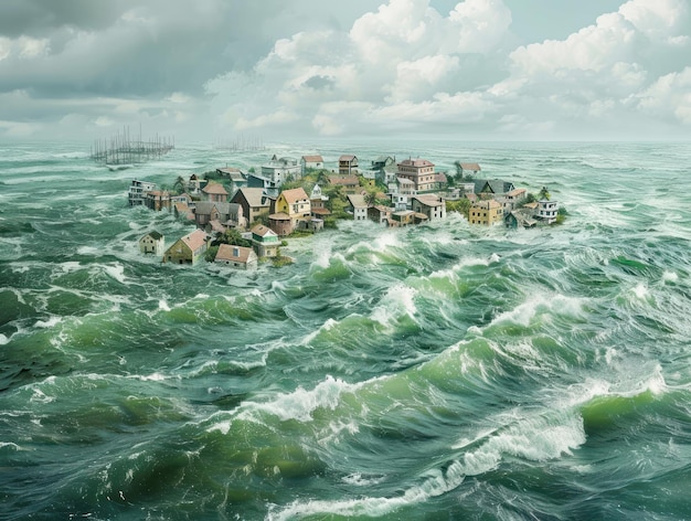 Witness the silent tide of rising sea levels reshaping lives and landscapes and pushing the boundaries of climate displacement and environmental refuge super realistic