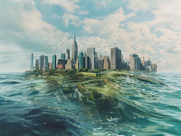 Witness the silent tide of rising sea levels reshaping lives and landscapes and pushing the boundaries of climate displacement and environmental refuge super realistic