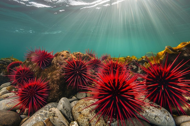 Witness the striking beauty of sea urchins in red generative ai