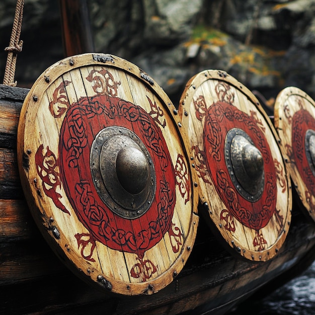 Witness a Viking longships shields painted with intricate designs symbolizing clan alliances