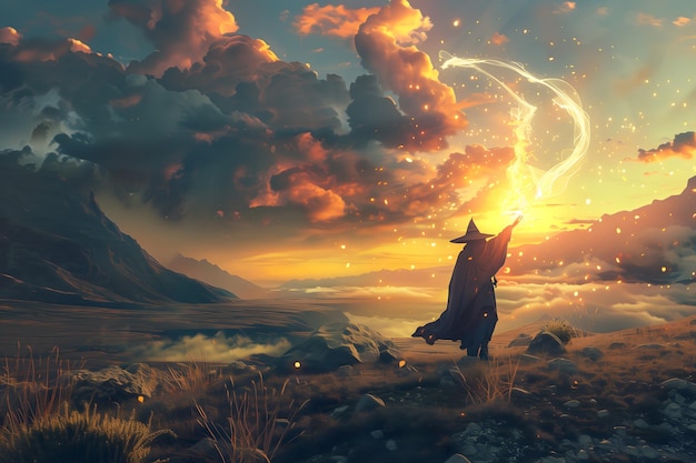 Wizard Casting a Powerful Spell in a Mystical Landscape