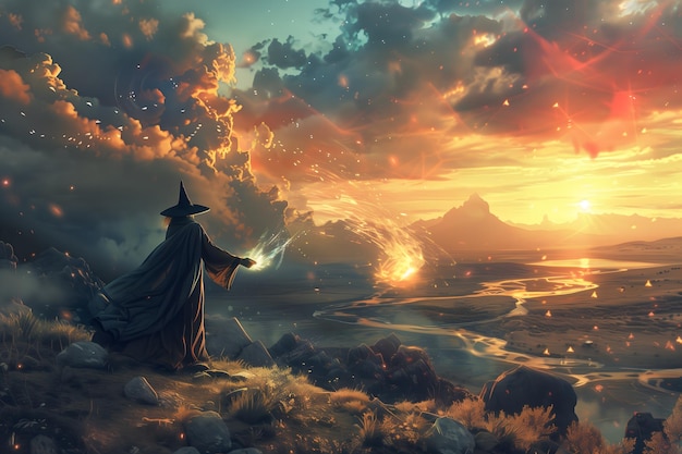 Wizard Casting a Powerful Spell in a Mystical Landscape