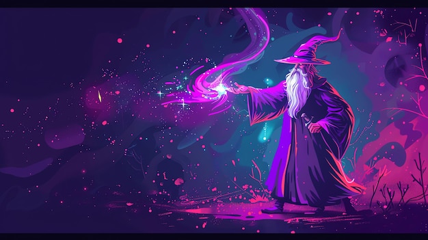 Photo a wizard casting a spell surrounded by purple and pink magic