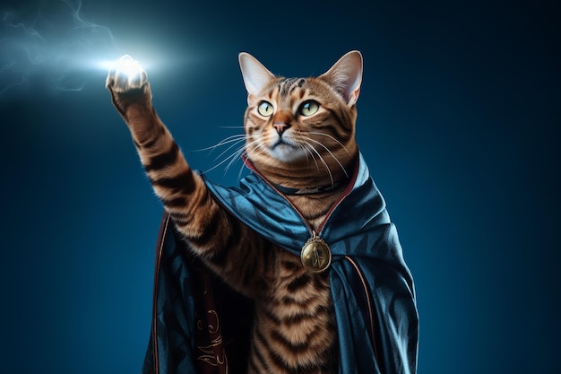 wizard cat in blue robe cast a spell studio photography copy space