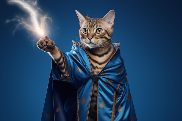 wizard cat in blue robe cast a spell studio photography copy space