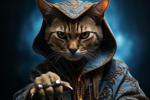 wizard cat in blue robe with metal rings studio photography copy space