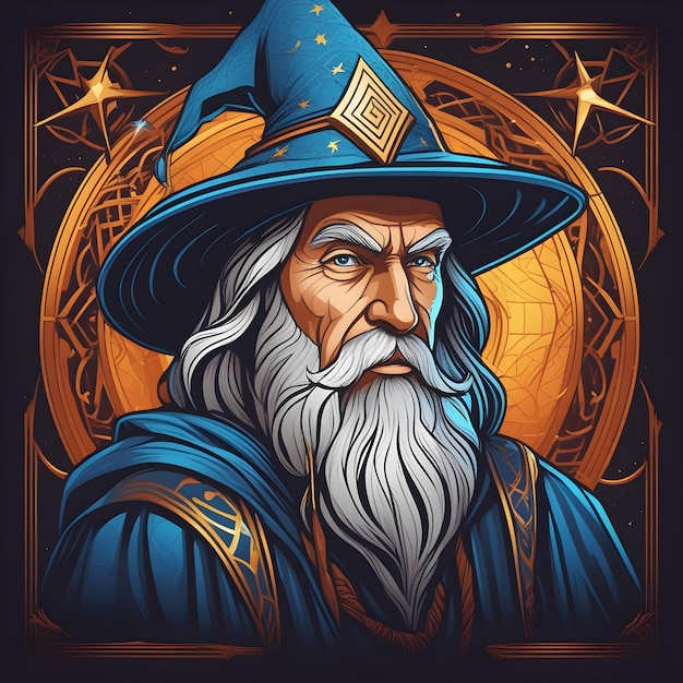 Wizard in a hat with a long white beard and gray hair