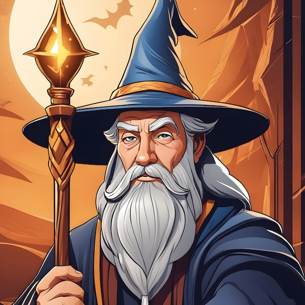 Wizard in a hat with a magic wand Vector illustration