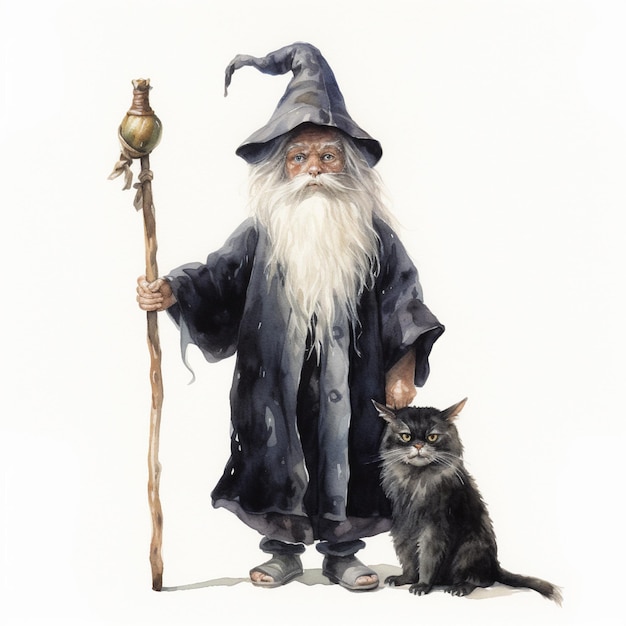 wizard old man with magic stuff and black magic cat