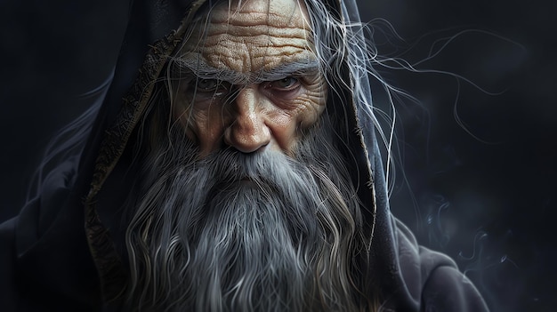 A wizard with a long white beard looking directly at the camera