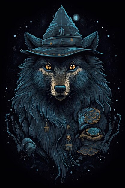 wizard wolf vector art black background