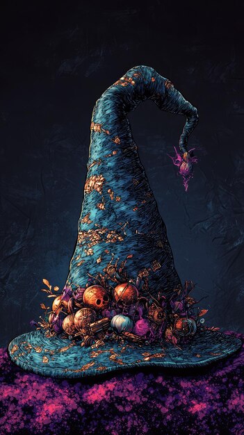 Photo a wizards hat overflowing with mystical treasures skulls jewels and a touch of magic