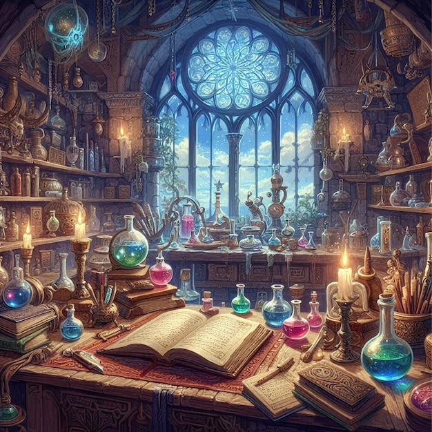 wizards laboratory with potions and spell books Fantasy concept Illustration painting Generativ