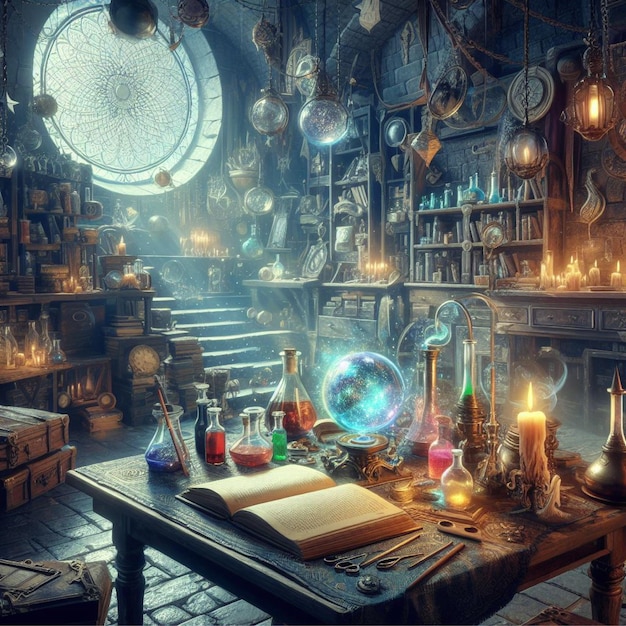 wizards laboratory with potions and spell books Fantasy concept Illustration painting Generativ