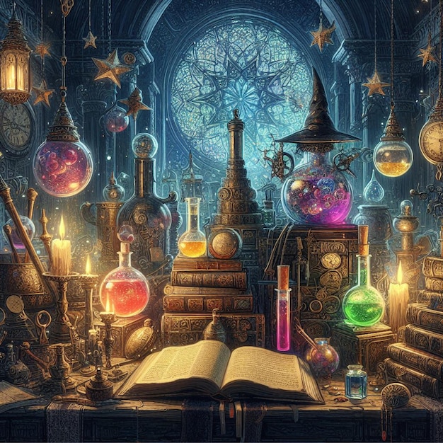 wizards laboratory with potions and spell books Fantasy concept Illustration painting Generativ