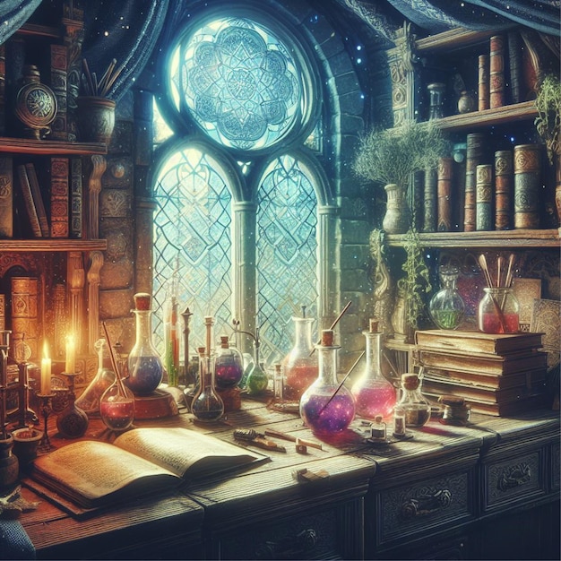 wizards laboratory with potions and spell books Fantasy concept Illustration painting Generativ