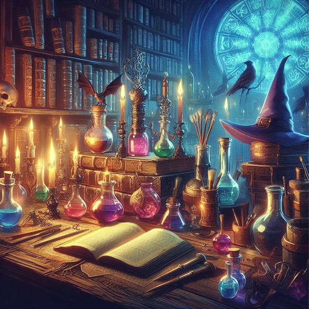 wizards laboratory with potions and spell books Fantasy concept Illustration painting Generativ