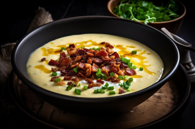 Photo wl of creamy potato soup with crispy bacon bits and