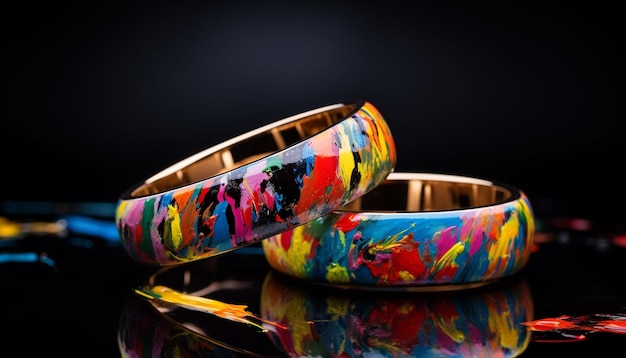 wo bands featuring unique and intricate designs placed on a bed of colorful paint splatters and paintbrushes reflecting your artistic personalities