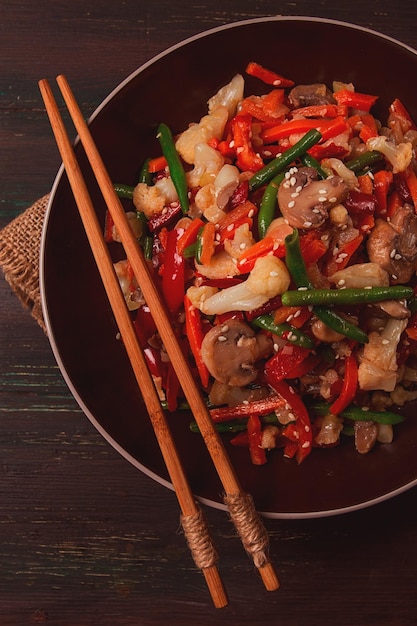 Wok Asianstyle vegetables street food mixed vegetables no people top view