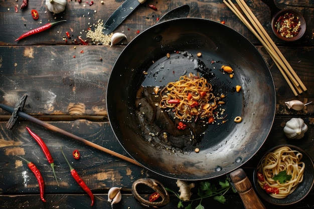 Photo wok containing asian noodles with chopsticks and spices on rustic wooden table