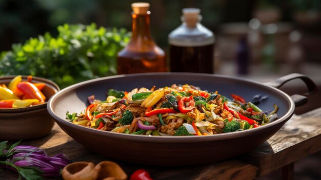 A wok filled with colorful stir fried vegetables and protein with a bottle of cooking oil