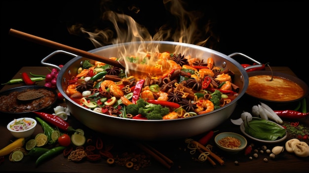 A wok filled with lots of food cooking on top