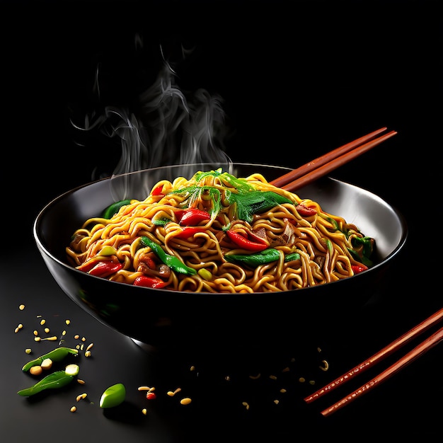 Wok Noodles Black Background