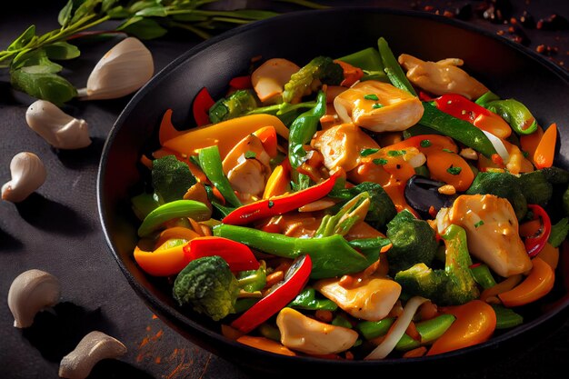 Wok stir fry vegetables with chicken fillet