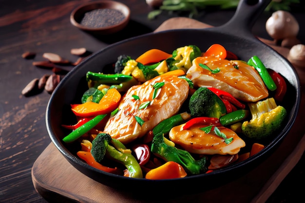 Wok stir fry vegetables with chicken fillet