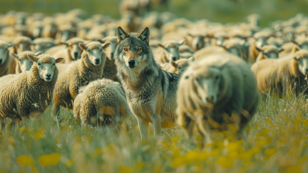 Photo wolf among sheep animals on green grass contrast between predator and flock ar 169 stylize 250 job i