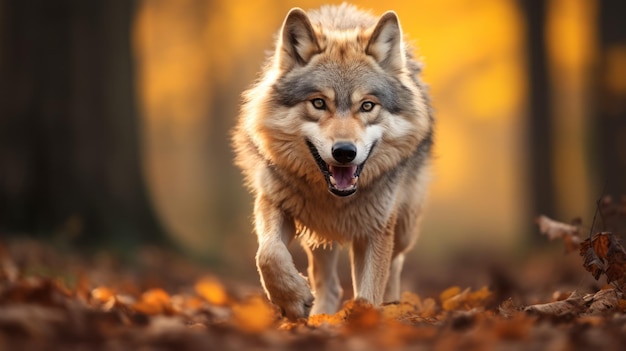 Wolf In Autumn Photorealistic Portraiture Of A Running Canine