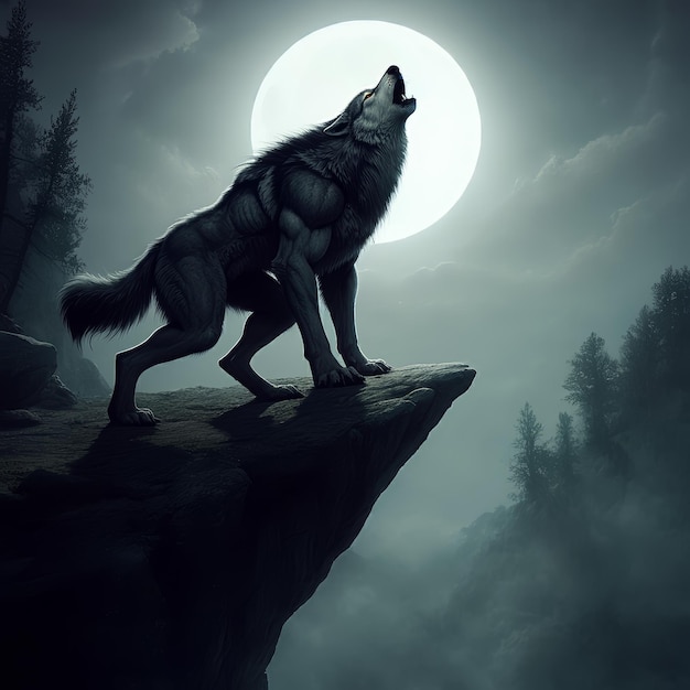 Photo a wolf on a cliff with a full moon behind it