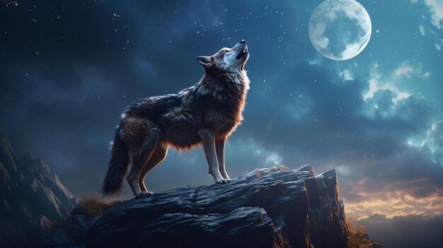 a wolf on a cliff with the moon behind it