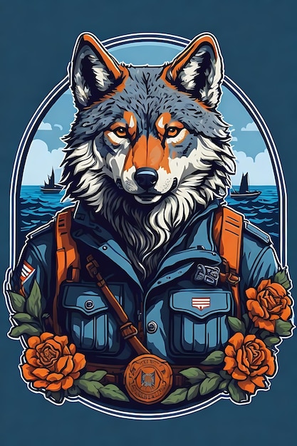 wolf the coast guard illustration flat design sticker vector no background