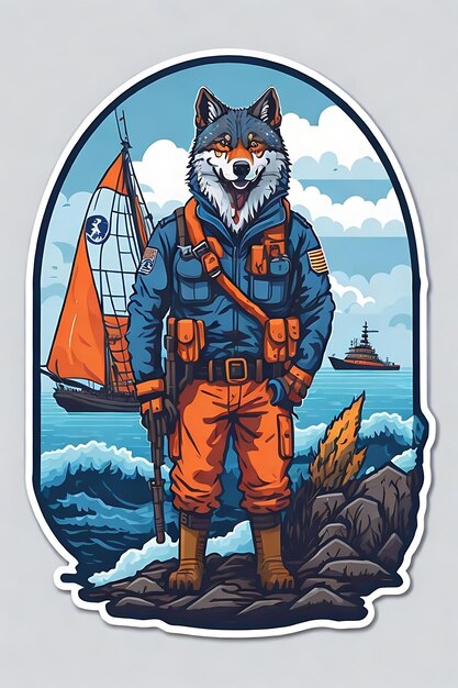 wolf the coast guard illustration flat design sticker vector no background