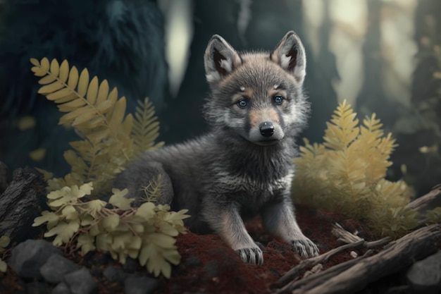 Wolf cub in summer forest Generative AI