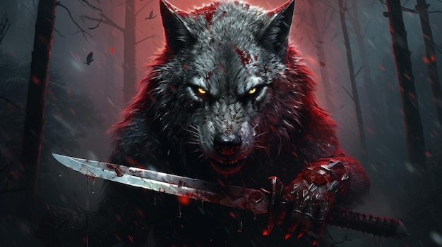 wolf in the dark forest with a knife and blood on his body