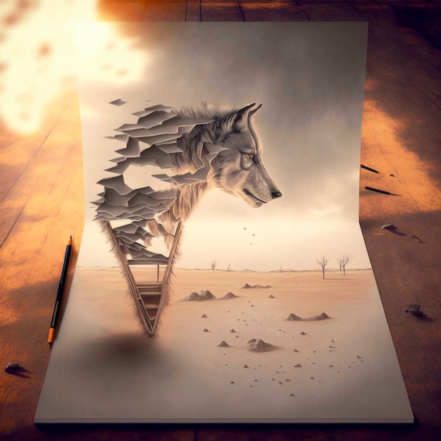 Wolf in the desert beautiful 3d sketch with colored elements The drawing goes off the paper