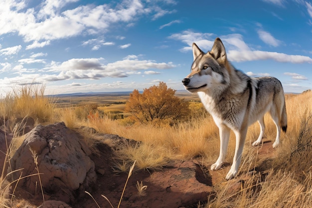 A wolf dog stands in a field with a blue sky and clouds in the background.