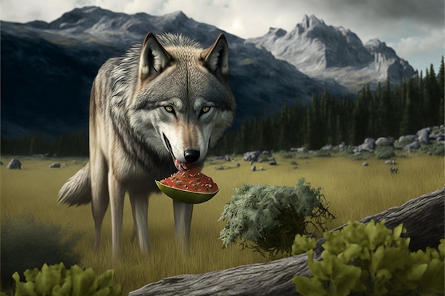 A wolf eating watermelon in front of a mountain