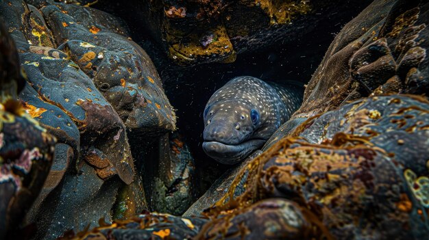 Photo wolf eel in rocky underwater crevice