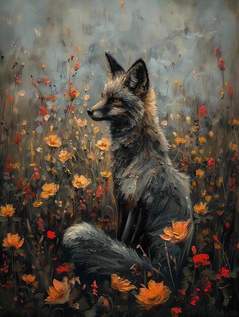 a wolf in a field of flowers with the word wolf on it