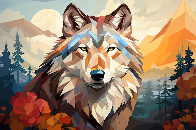 Wolf flat design front view myth and folklore theme cartoon drawing Tetradic color scheme