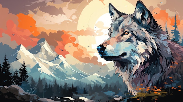 Wolf flat design side view winter survival theme water color Colored pastel