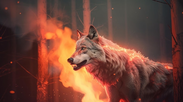 A wolf at forest fire generative ai