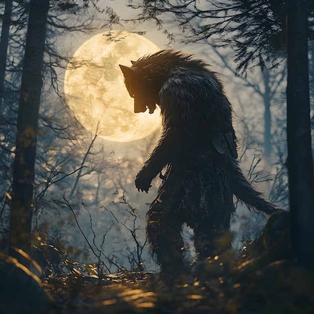 Photo wolf in the forest at night with full moon halloween concept