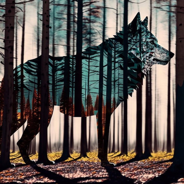 A wolf in a forest with a forest in the background.