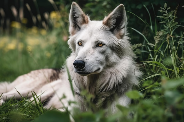 Wolf in the grass A photograph of a white and grey dog