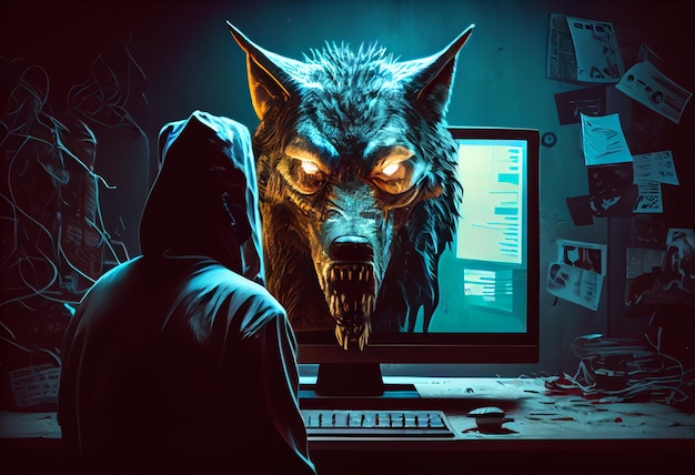 Wolf head behind a computer screen to symbolize a predator Generate Ai